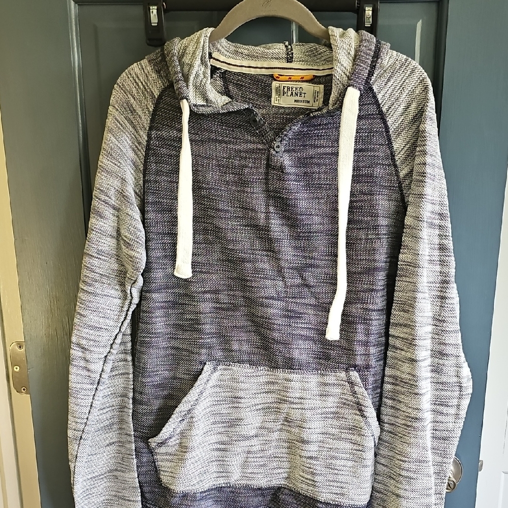 Free Planet Men's Blue White Knit Hoodie Shirt Medium sweatshirt